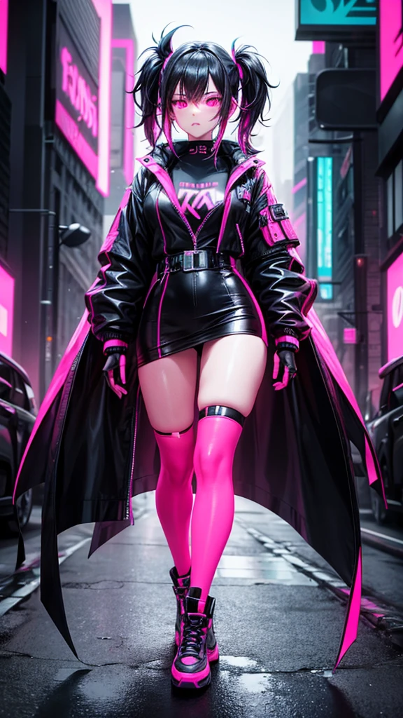 A woman in black and neon pink cyberpunk outfit full body