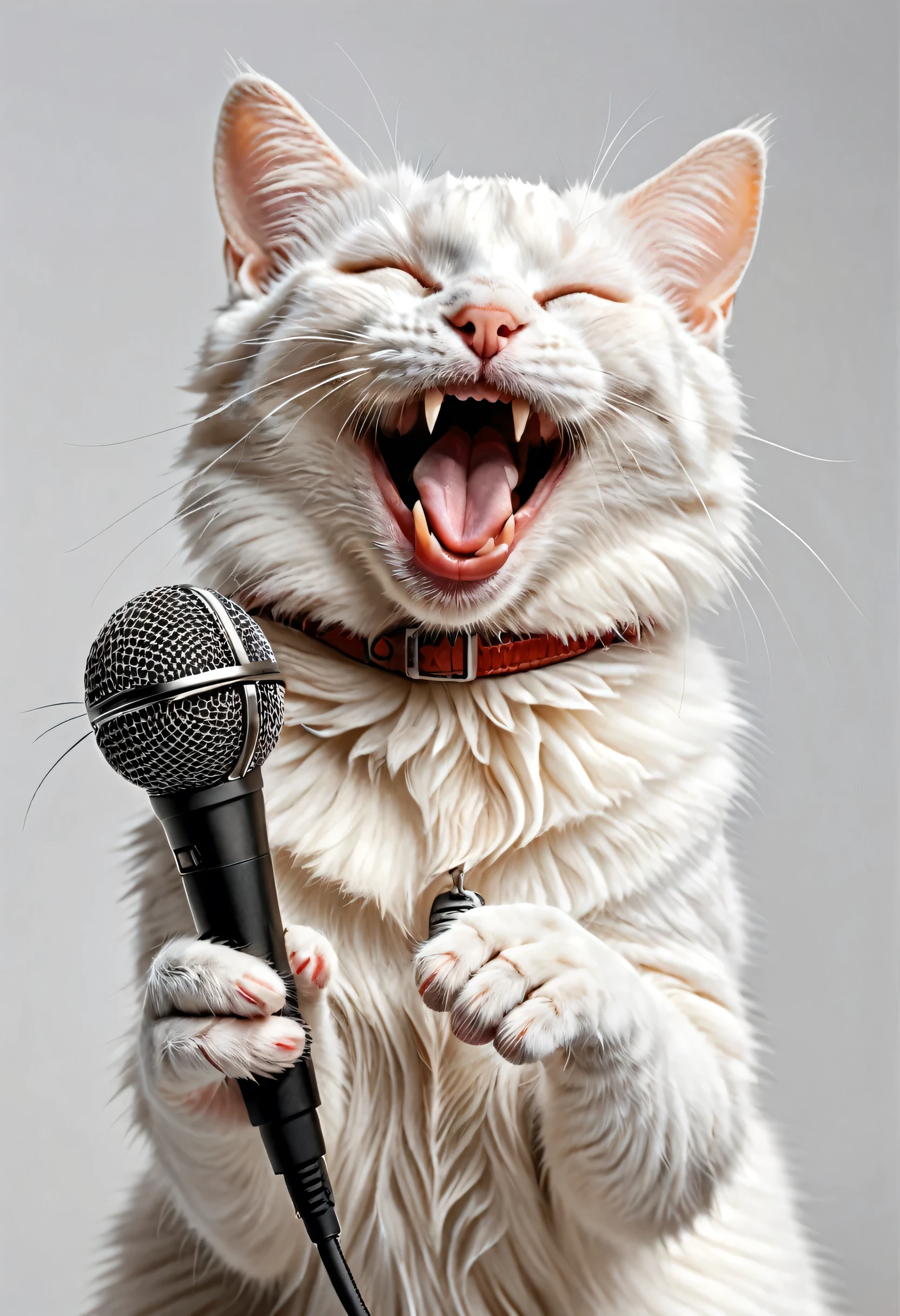 amazing quality, ultra detailed, super realistic, cat rock , happy cat, cute cat, white cat, kind and cutty cat, concert, smile, singing, extremely detailed, there is a cat that is singing song,  happy cat, a cat is smiling, smiling cat, happy with his mouth open, funny cat, soft lulling tongue, cat photo, laughing and yelling, cute cat photo, with mouth open, cat, smileeeeeee, photo of a cat, white background, music playing, cat singing with microphone, mouse open, realistic cat. eyes closed in pleasure