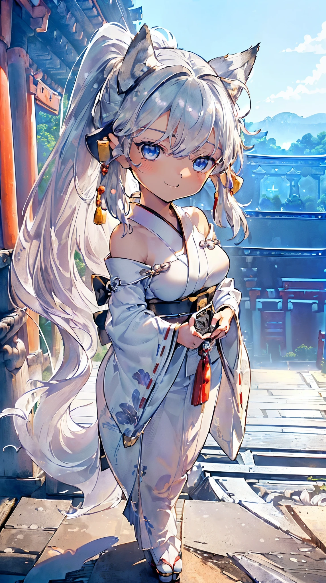 (((Masterpiece))), (((Highest quality))), ((Ultra-detailed)), ((Super fine illustration)), ((Ultra-fine painting)), (16K highest quality wallpaper:1.4), (Chibi:2.0), (Full body:1.6), HDR, (Highly detailed and delicate illustration style:1.8), Detailed skin texture, Detailed cloth texture, Extreme detailed description, (Highly detailed face:1.4), (Highly detailed beautiful silver fox ears:1.4), (Highly detailed beautiful low-ponytail:1.2), (Highly detailed beautiful blue eyes:1.2), Original, Intricate details, Super details, (Perfect anatomy:1.4), (Highly detailed hands:1.2), (Highly detailed fingers:1.2), (Highly detailed fingertips:1.2), (27-years-old), (Solo:1.6), ((A very beautiful and attractive silver (fox:1.4) female fashion model:1.4)) BRAKE (Beautiful and adorable silver fox ears:1.8), (Highly detailed and delicate silver fox ears:1.6), (Beautiful and well-shaped big breasts:1.2), (Beautiful and well-shaped buttocks), (Beautiful and shiny silver low-ponytail:1.6), (Highly detailed and delicate silver low-ponytail:1.2), (Beautiful and clear blue eyes:1.6), (Highly detailed and delicate blue eyes:1.2), (Highly detailed face:1.4), (Smile:1.5), (Blush:1.3), (Looking at viewer:1.4), (Celebration:1.4), (Standing:1.4) BRAKE ((Bright white and red) sacred Off-the-shoulder traditional Japanese shrine maiden costume:1.4), (Off-the-shoulder Japanese divine traditional costume:1.2) BRAKE (Concept art:1.2) BRAKE ((Highly detailed and beautiful Ise Grand Shrine in Mie Prefecture just after noon in the background:1.6), (Celebration:1.4), Highly beautiful in the sunny sky background just after noon:1.2) BRAKE