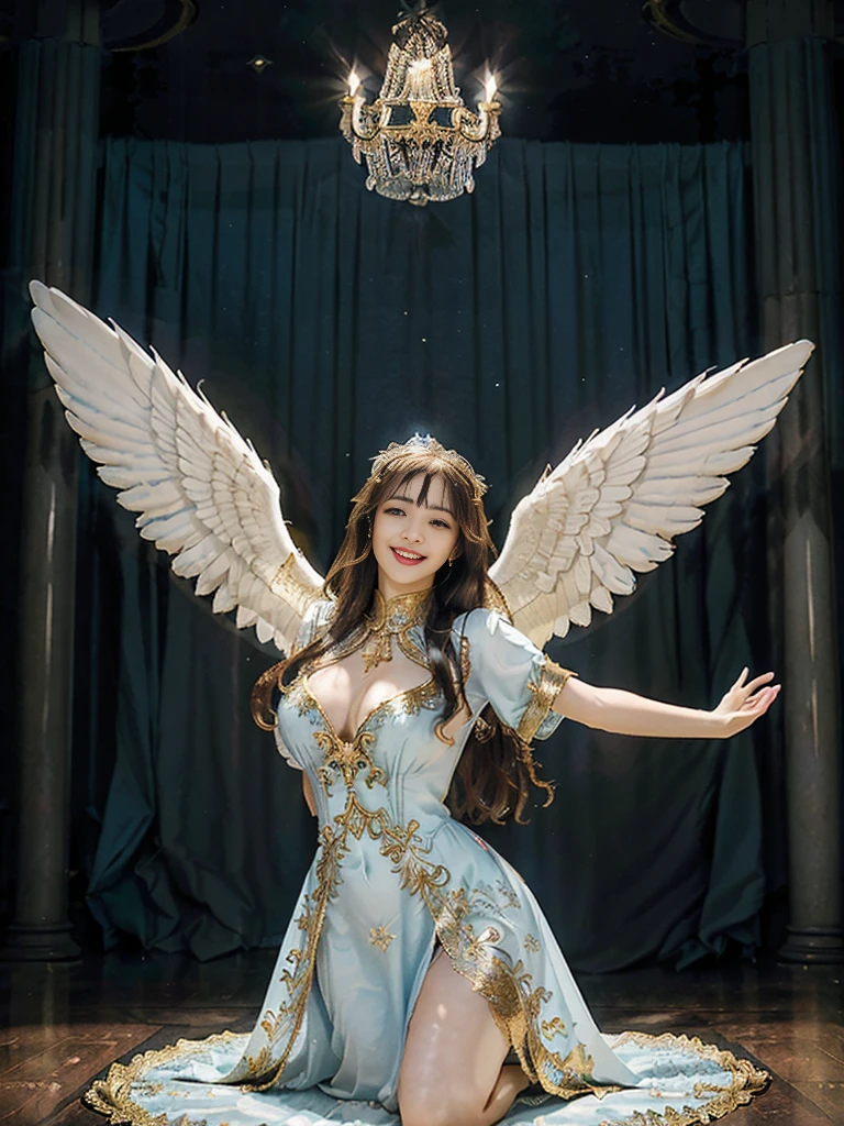 ((Very beautiful angel queen,The final form as a perfect angel, the masterpiece of an angel,Huge and intricate angel wings,The most dignified wings,Golden light,shining background,The most opulent and holy temple background,White and gold temple background,King of Angels,The most dignified angel,Intricate and solemn dresses,Light blue and gold embellishment dress on white,Light blue and gold dress on white base,Complex and majestic angel figure,The most majestic figure of the devil,The most intricately depicted figure of an angel,The World's Most Beautiful,Unimaginable beauties,divine atmosphere,The most intricate and beautiful dresses,Intricate reproduction of the perfect angelic detail,The figure of an unimaginably gorgeous angel,The figure of an unimaginably huge angel)), (((Tyndall effect;1.45))), ((Most beautiful face,Half Japan and half Spanish,The biggest happy smile,Beautiful wavy hair,Black and red hair,The most luxurious and intricate dresses,The biggest smile looking at the camera)),(Elegant standing figure,Fold your hands in front of your navel,)),Chest that seems to burst,Giant wings of angels,The background is the appearance of a perfect angel castle,Masterpiece,8K,very intricate,ultra-detailliert, nsfw