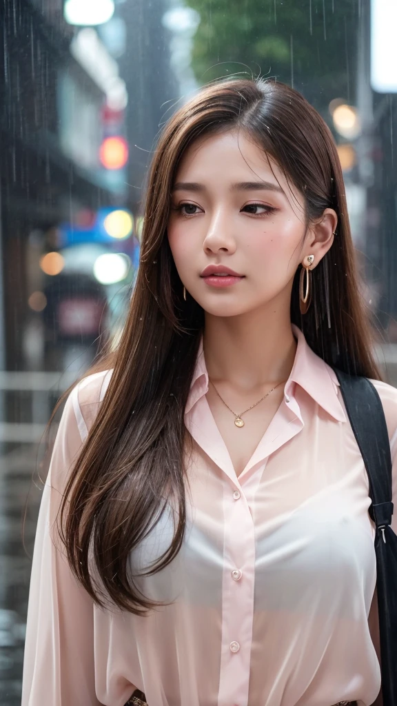 A beautiful 20-year-old woman with long brown hair and brown eyes. She has brown eyeshadow, a light pink blush on her cheeks, and a beauty mark under her left eye. She is standing in heavy rain, with her face and hair drenched. She is wearing a white blouse, a necklace, and earrings with piercings on her earlobes. The blouse is soaked, becoming translucent and clinging to her skin. The rain creates a cinematic glow with detailed raindrops and a dim, rainy atmosphere.closed eyes.