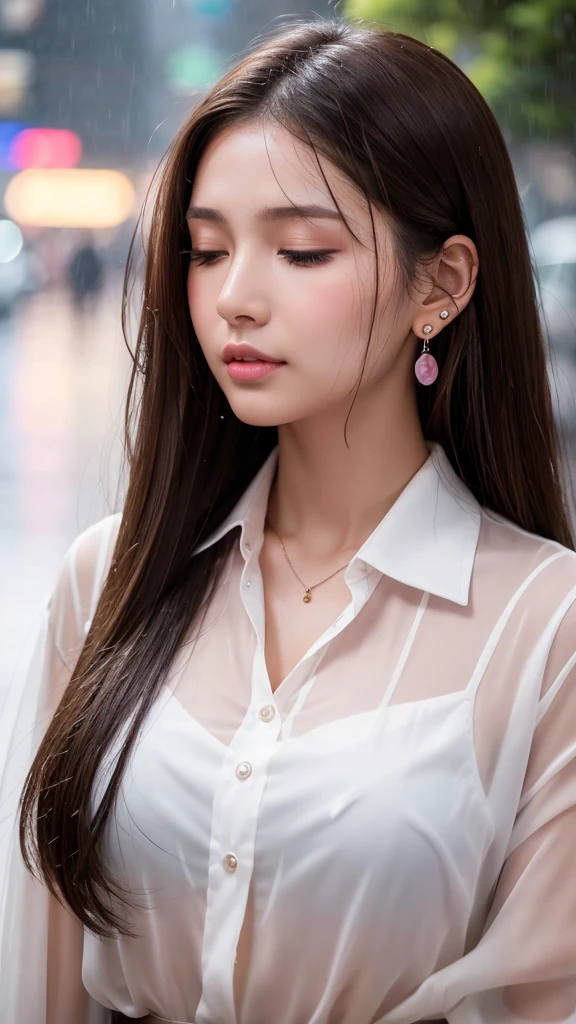 A beautiful 20-year-old woman with long brown hair and brown eyes. She has brown eyeshadow, a light pink blush on her cheeks, and a beauty mark under her left eye. She is standing in heavy rain, with her face and hair drenched. She is wearing a white blouse, a necklace, and earrings with piercings on her earlobes. The blouse is soaked, becoming translucent and clinging to her skin. The rain creates a cinematic glow with detailed raindrops and a dim, rainy atmosphere.closed eyes.