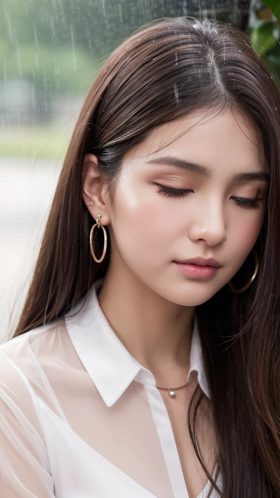 A beautiful 20-year-old woman with long brown hair and brown eyes. She has brown eyeshadow, a light pink blush on her cheeks, and a beauty mark under her left eye. She is standing in heavy rain, with her face and hair drenched. She is wearing a white blouse, a necklace, and earrings with piercings on her earlobes. The blouse is soaked, becoming translucent and clinging to her skin. The rain creates a cinematic glow with detailed raindrops and a dim, rainy atmosphere.closed eyes.
