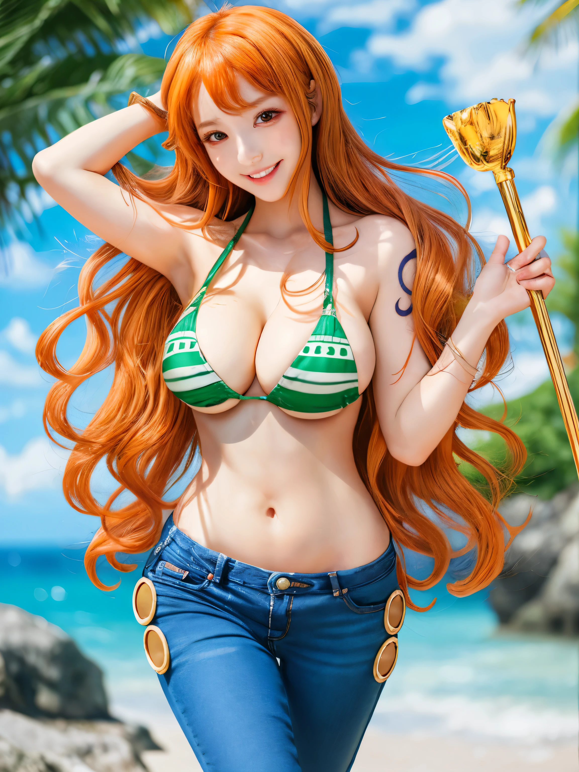 table top,best quality,very detailed,very detailed,Super high resolution,realistic,realistic,8K,beautiful,best aesthetics,green bikini girl, Nami One Piece, Us of one piece, Us, one piece에서, She dyed her long hair again, one piece, Seductive girl smiling brightly