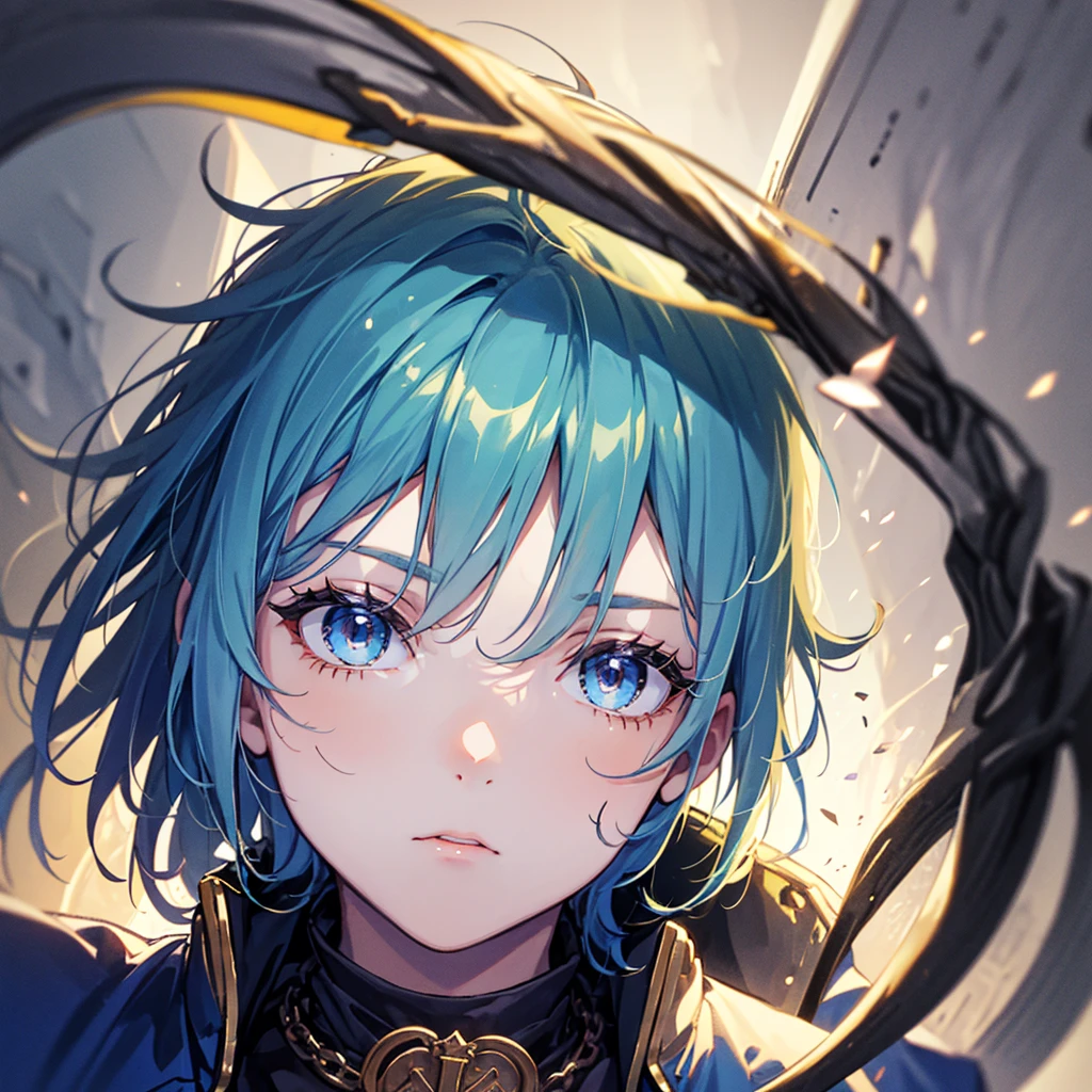 A young Boy Wearing blue jacket, light blue hair quite long, (blue right eye) (red left aye)(a scar on in the left eye), wearing cross necklace.