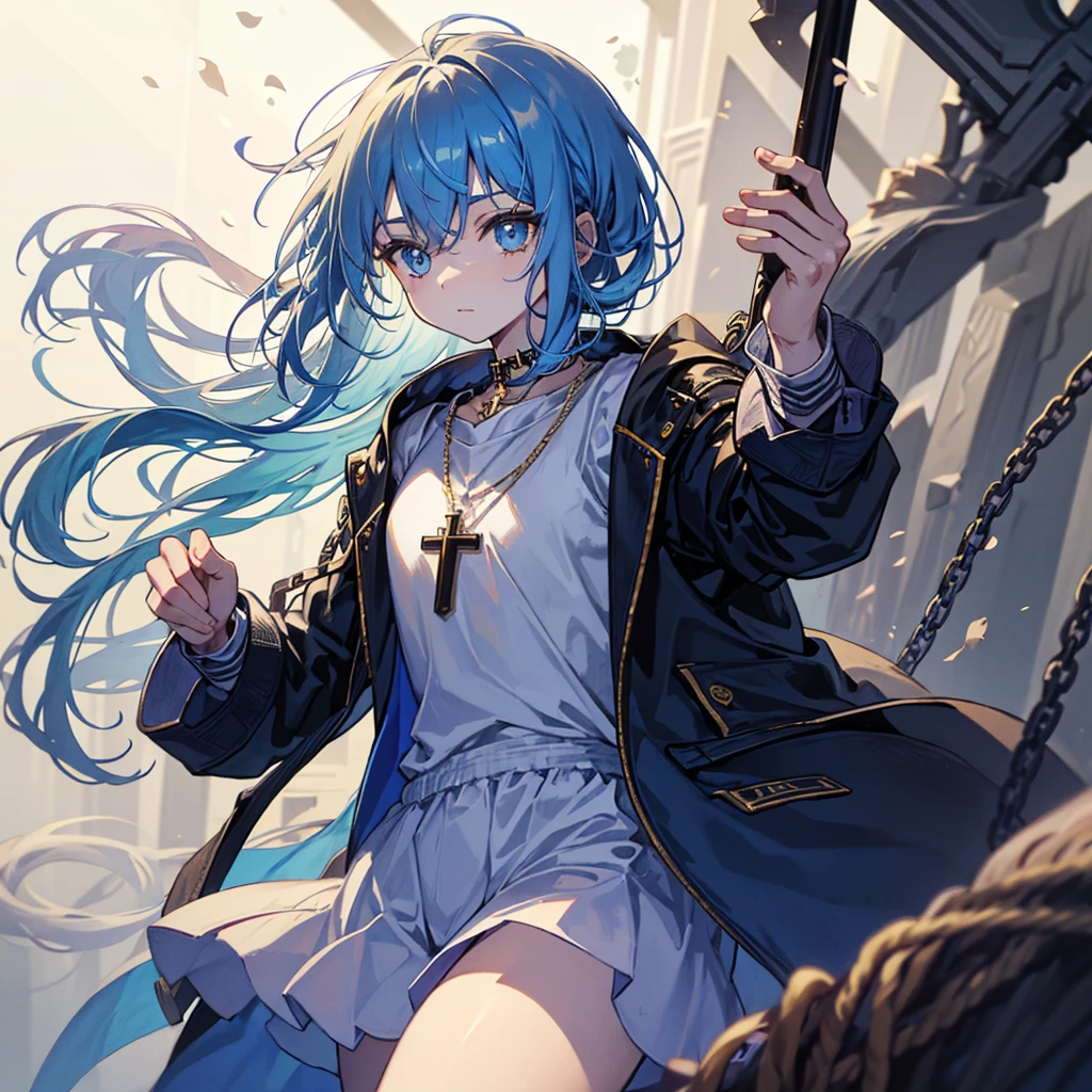 A young Boy Wearing blue jacket, light blue hair quite long, (blue right eye) (red left aye)(a scar on in the left eye), wearing cross necklace.