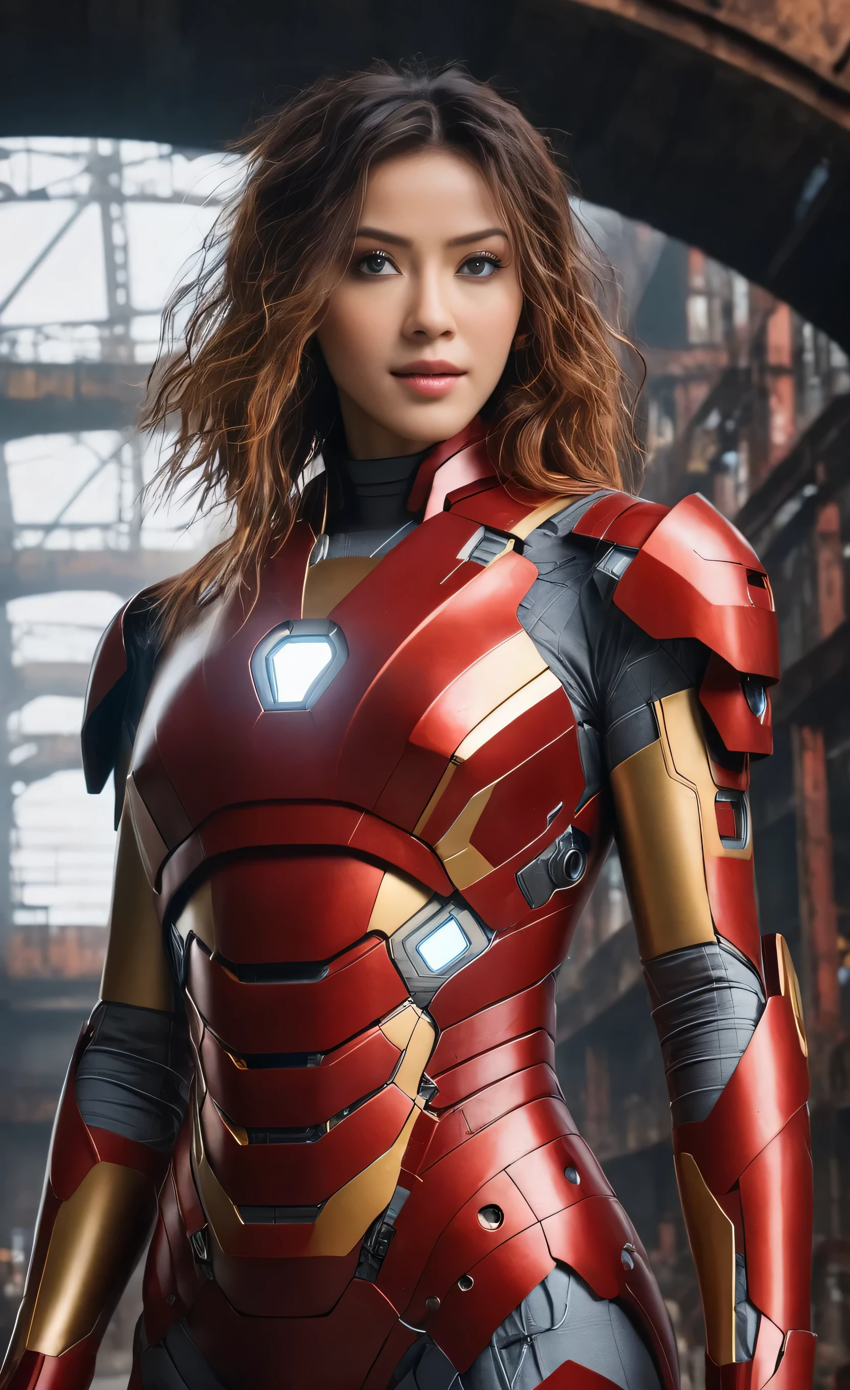 nanx, (1girl:1.3), solo,__body-parts__, official art, unity 8k wallpaper, ultra detailed, beautiful and aesthetic, beautiful, masterpiece, best quality, RAW, masterpiece, super fine photo,, best quality, super high Resolution, photorealistic, sunlight, full body portrait, stunningly beautiful,, dynamic pose, delicate face, vibrant eyes, (back view), she is wearing a futuristic Iron Man mech, red and gold, Highly detailed abandoned warehouse background, detailed face, detailed complex busy background, messy, gorgeous, milky, high detailed skin, realistic skin details, visible pores, sharp focus, volumetric fog, 8k uhd, dslr camera, High quality, film grain, fair skin, photorealism, lomography, sprawling metropolis in a futuristic dystopia, view from below, translucent, full body , sexy, less cloth 