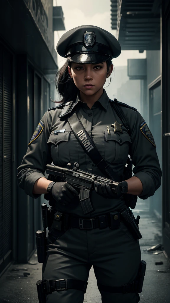 a beautiful female police officer in a gray uniform, black beret, holding a gun, leading a captured criminal, intricate details, cinematic lighting, gritty urban setting, photorealistic, masterpiece, 8k, hyperdetailed, dramatic angles, intense atmosphere, strong contrasts, moody colors