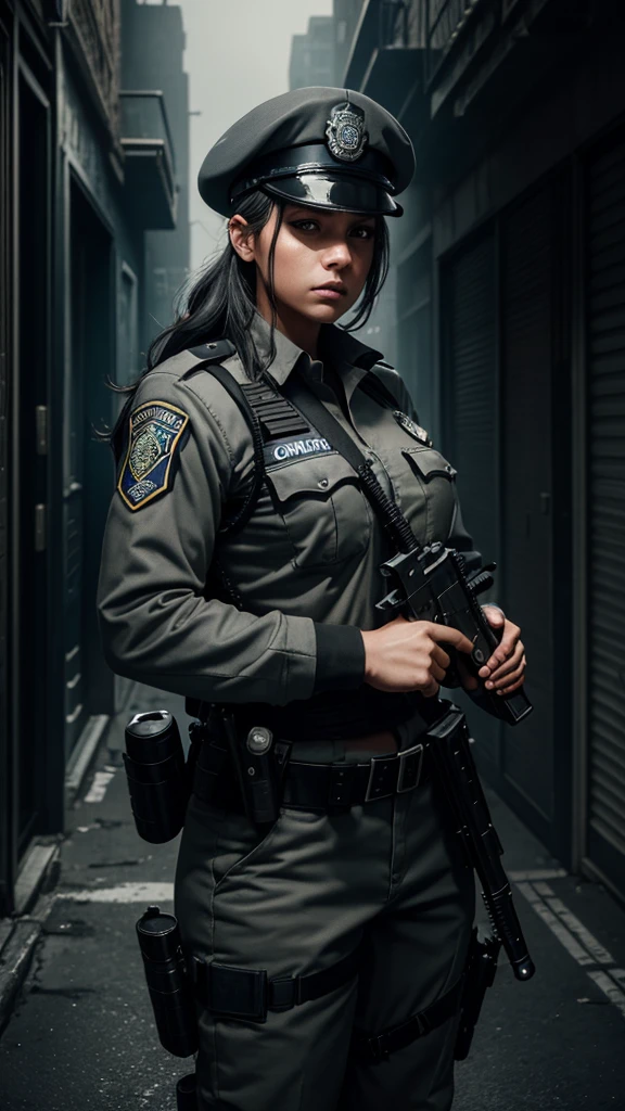 a beautiful female police officer in a gray uniform, black beret, holding a gun, leading a captured criminal, intricate details, cinematic lighting, gritty urban setting, photorealistic, masterpiece, 8k, hyperdetailed, dramatic angles, intense atmosphere, strong contrasts, moody colors
