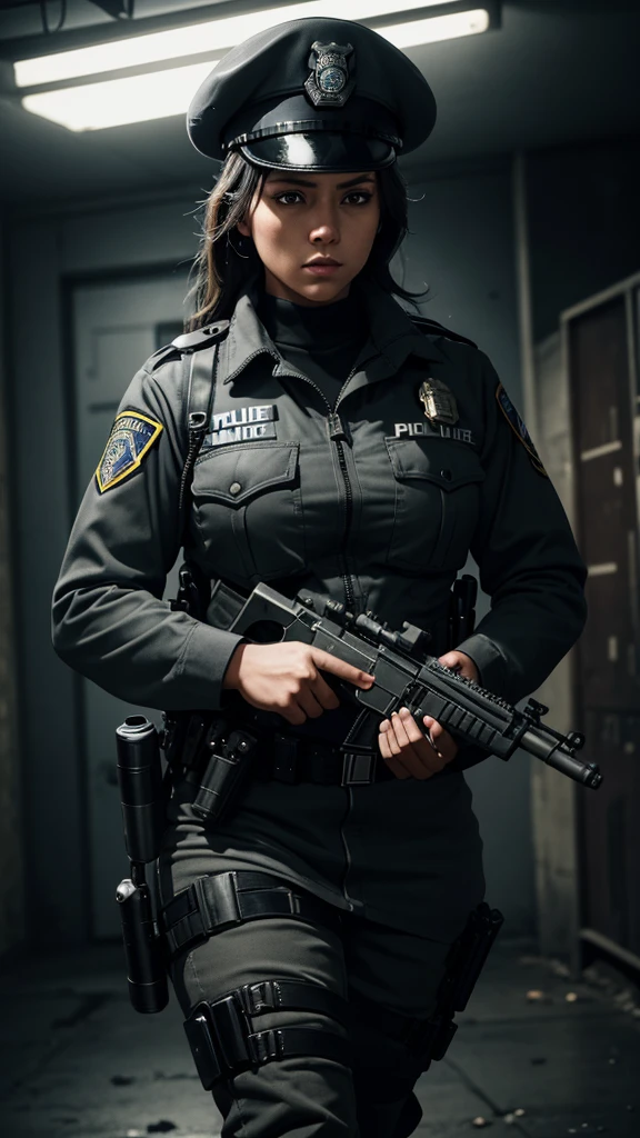 a beautiful female police officer in a gray uniform, black beret, holding a gun, leading a captured criminal, intricate details, cinematic lighting, gritty urban setting, photorealistic, masterpiece, 8k, hyperdetailed, dramatic angles, intense atmosphere, strong contrasts, moody colors