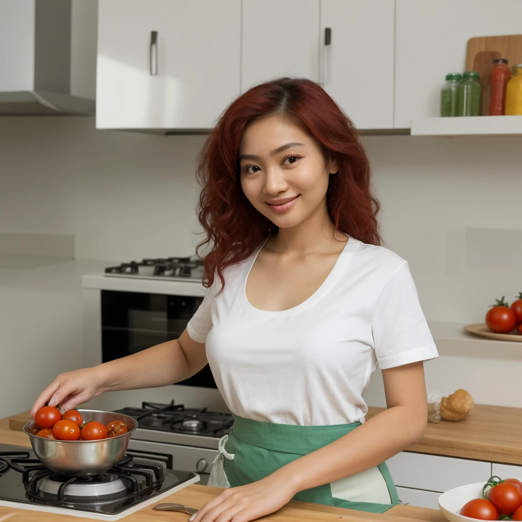 (masterpiece, Best quality, A high resolution, A high resolution:1.2), extremely detailed, realistic, complex parts, portrait at the table, Shot at eye level, Naomi, beautiful 27 year old Filipina, , Filipina with natural breasts, in a white T-shirt , green apron apron , curly red hair, in cooking, cooking in the kitchen , From Side, smiling. Holding a large can of tomatoes in his hands. pickles tomatoes