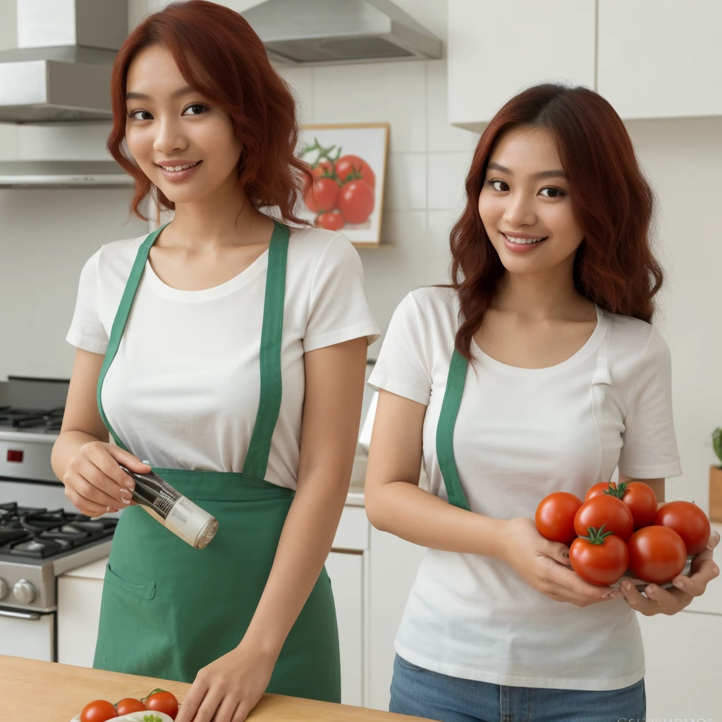 (masterpiece, Best quality, A high resolution, A high resolution:1.2), extremely detailed, realistic, complex parts, portrait at the table, Shot at eye level, Naomi, beautiful 27 year old Filipina, , Filipina with natural breasts, in a white T-shirt , green apron apron , curly red hair, in cooking, cooking in the kitchen , From Side, smiling. Holding a large can of tomatoes in his hands. pickles tomatoes