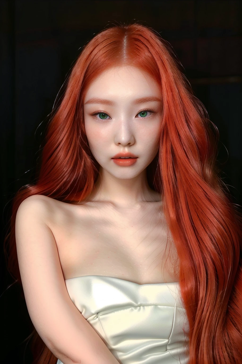 a close up of a woman with long red hair and a white dress, she has long redorange hair, she has long orange brown hair, pale red, she has red hair, pale fair skin!!, 18 years old, korean girl, beautiful south korean woman, with red hair and green eyes, wild ginger hair, red cheeks, jossi of blackpink