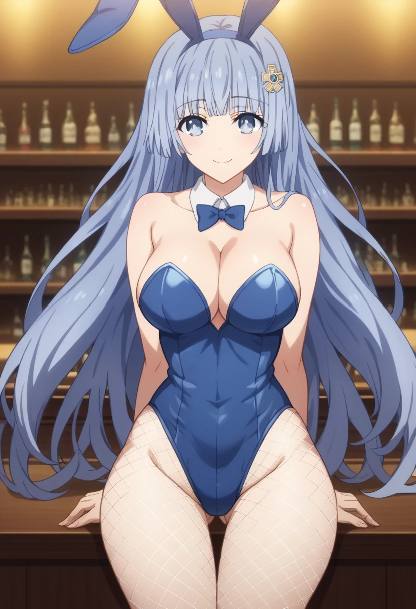 Score_9, Score_8_up, Score_7_up, ASCII masterpiece, source_anime, BREAK, 1girl, solo, mikuizayoi, miku izayoi, bangs, blunt bangs, hime cut, hair ornament, long hair, blue eyes, blue hair, blush, naughty face, big breasts, ((thin waist, wide hips, beautiful skin, beauty, extraordinarily beautiful woman, attractive woman, super sexy woman, lustful body, sexy with seductive and obscene body, sensual body, voluptuous body, )), obscene cleavage, bunny playboy, light blue leotard, detached collar, fishnet pantyhose, light blue pantyhose, fake bunny, light blue fake bunny ears, indoors, shiny clothing, shiny skin, bar, nightclub, fancy decorations, cowboy shot, from above, looking at viewer , hands behind the back (detailed face, detailed eyes), delicate features, soft lighting, warm colors, pastel colors, seductive smile, cute and sexy,
Show less