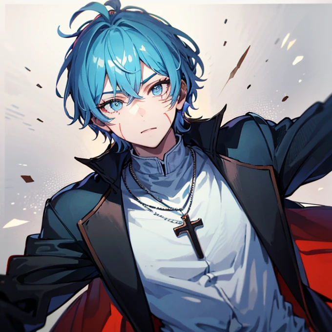 A young Boy Wearing blue jacket, light blue hair quite long, having separate color eye in the Right and red in the left (a scar on in the left eye), wearing cross necklace.