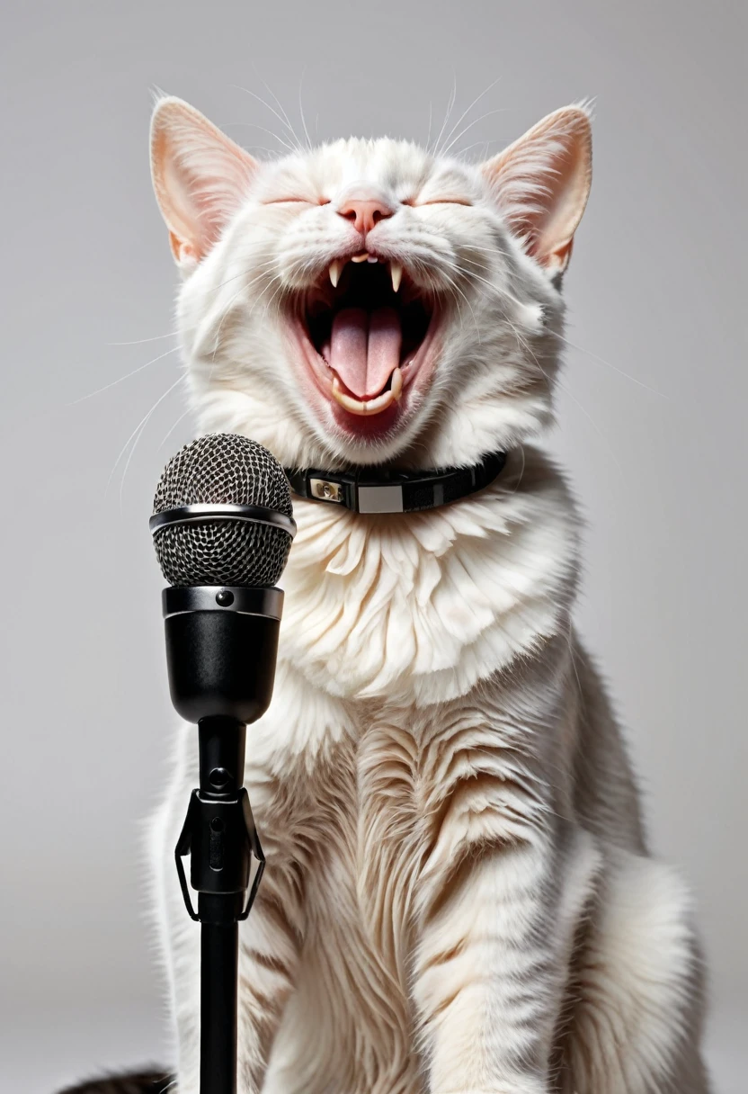 amazing quality, ultra detailed, super realistic, cat rock , happy cat, cute cat, white cat, kind and cutty cat, concert, smile, singing, extremely detailed, there is a cat that is singing song, happy cat, a cat is smiling, smiling cat, happy with his mouth open, funny cat, soft lulling tongue, cat photo, laughing and yelling, cute cat photo, with mouth open, cat, smileeeeeee, photo of a cat, white background, music playing, cat singing with microphone, mouse open, realistic cat. eyes closed in pleasure