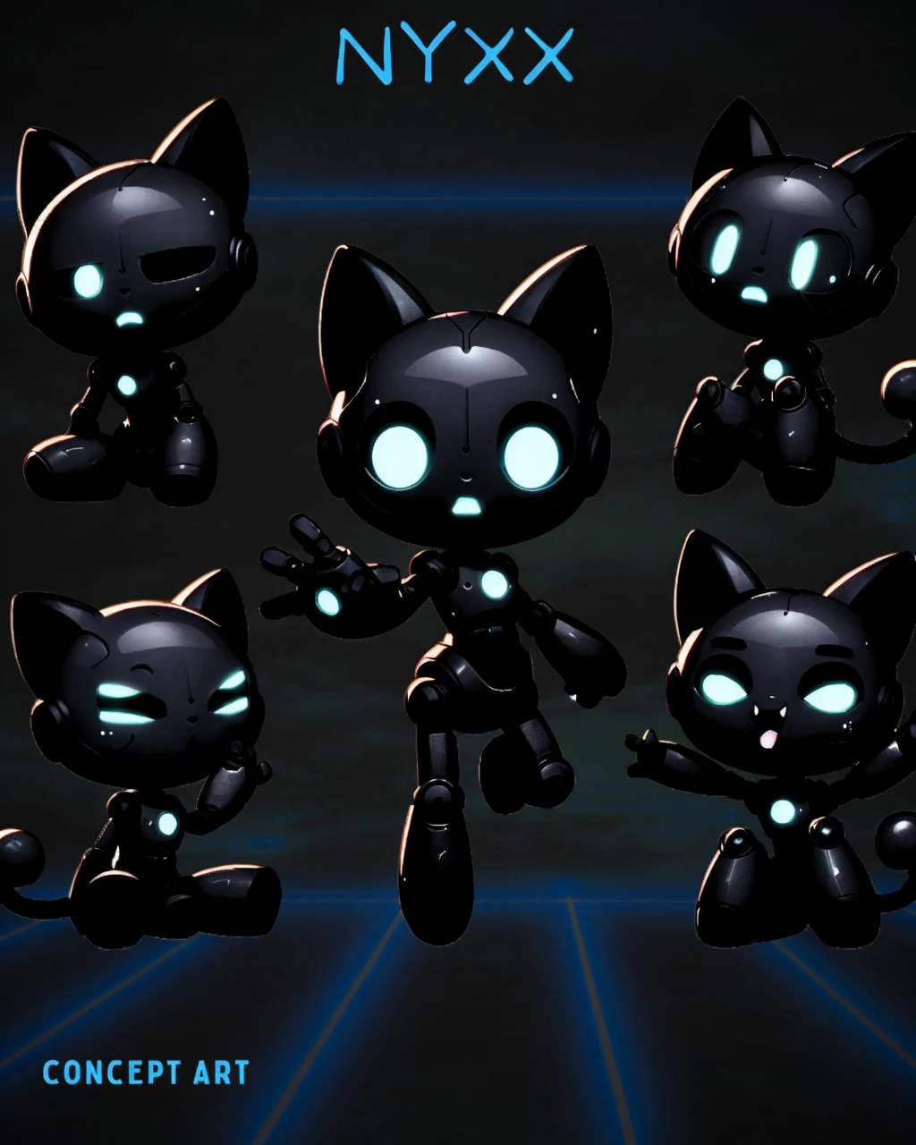 A black robotic cat looking nervous and pointing to something in the distance