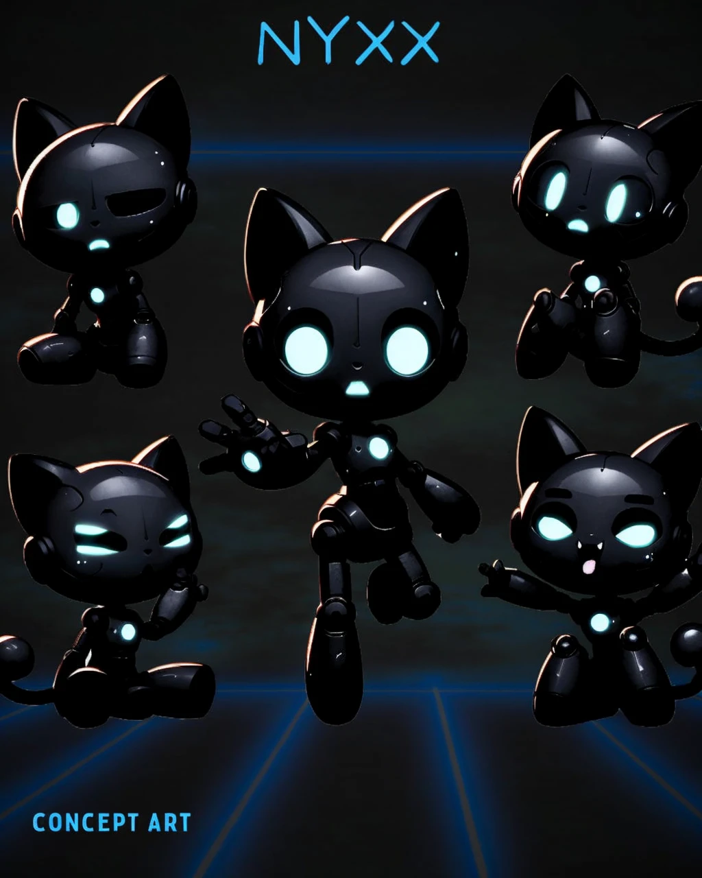 A black robotic cat looking nervous and pointing to something in the distance