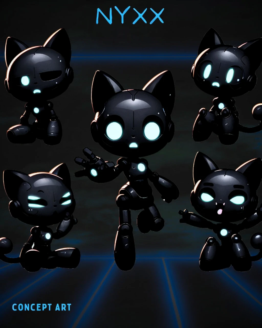 A black robotic cat looking nervous and pointing to something in the distance