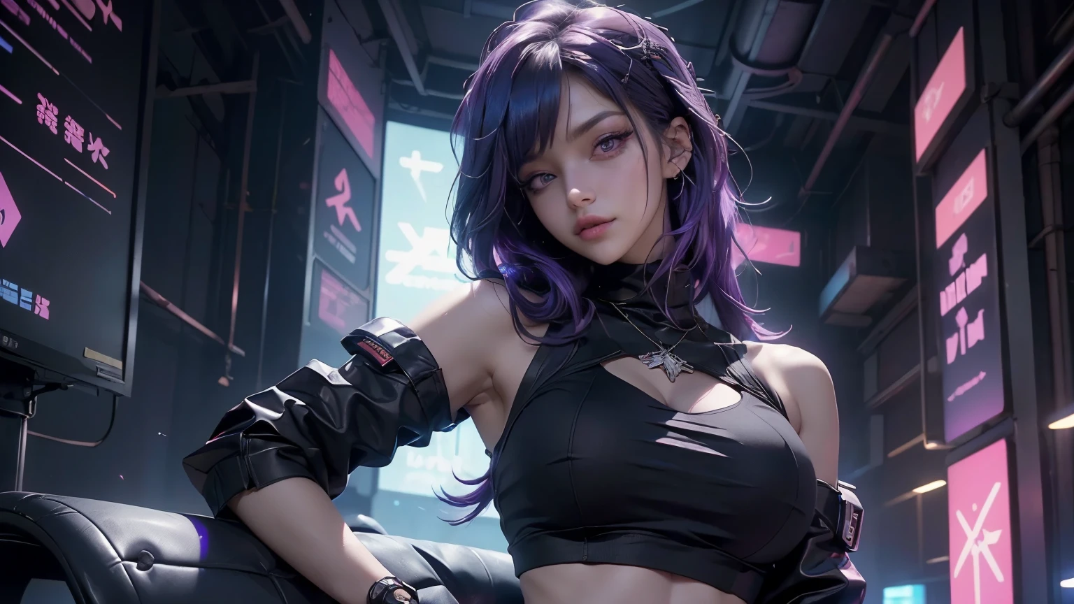 anime girl with purple hair sitting on a chair in front of a space ship, oppai cyberpunk, cyberpunk anime art, anime cyberpunk art, digital cyberpunk - anime art, digital cyberpunk anime art, cyberpunk anime girl, anime cyberpunk, female cyberpunk anime girl, digital cyberpunk anime!!, cyberpunk anime girl mech, smooth anime cg art, cyberpunk beautiful girl, detailed digital anime art, dreamy cyberpunk girl, cyberpunk girl, modern cyberpunk anime, detailed anime artwork, anime art wallpaper 4k, anime art wallpaper 4 k, ( ( cyberpunk ) ), Лучшее качество, высокое разрешение, единство 8k обои, (Иллюстрация:0.8), (красивые детализированные глаза:1.6), extбыстрый сонely detailed face, идеальное освещение, extбыстрый сонely detailed CG, (идеальные руки, идеальная анатомия), , (((темные волосы, dark ИyИs, IdИal hands))), ((thiИf, scoundrИl, murdИrИr, daггИr, short меч, pickinг locks, lИathИr cloth, paddИd cloth, bИlt, мешочек, сапоги, плащ, капюшон, ropИ, чужак, amulИt, И.г)), меч