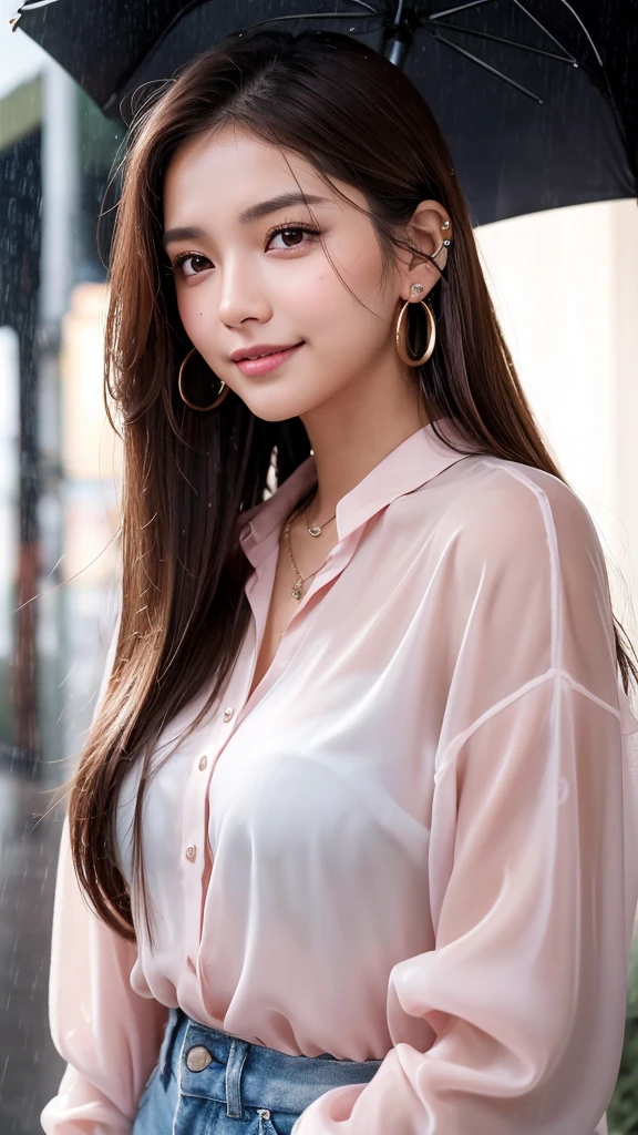 A beautiful 20-year-old woman with long brown hair and brown eyes. She has brown eyeshadow, a light pink blush on her cheeks, and a beauty mark under her left eye. She is standing in heavy rain, with her face and hair drenched. She is wearing a white blouse, a necklace, and earrings with piercings on her earlobes. The blouse is soaked, becoming translucent and clinging to her skin. The rain creates a cinematic glow with detailed raindrops and a dim, rainy atmosphere.smile face.