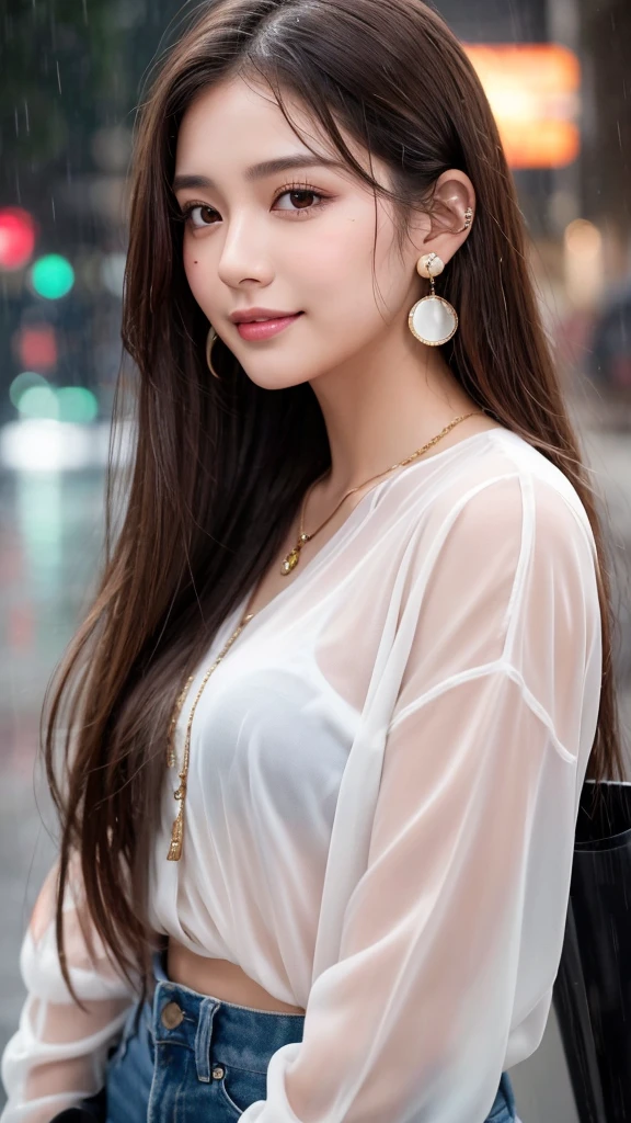A beautiful 20-year-old woman with long brown hair and brown eyes. She has brown eyeshadow, a light pink blush on her cheeks, and a beauty mark under her left eye. She is standing in heavy rain, with her face and hair drenched. She is wearing a white blouse, a necklace, and earrings with piercings on her earlobes. The blouse is soaked, becoming translucent and clinging to her skin. The rain creates a cinematic glow with detailed raindrops and a dim, rainy atmosphere.smile face.
