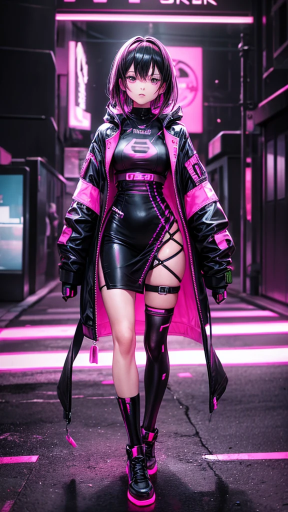 A woman in black and neon pink cyberpunk outfit full body
