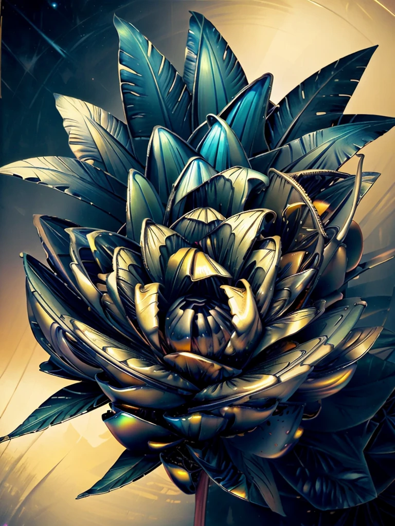 black tropical flowers made of transparen color liquids, an attractive iridescent fractal universal gold background, pov, masterpiece