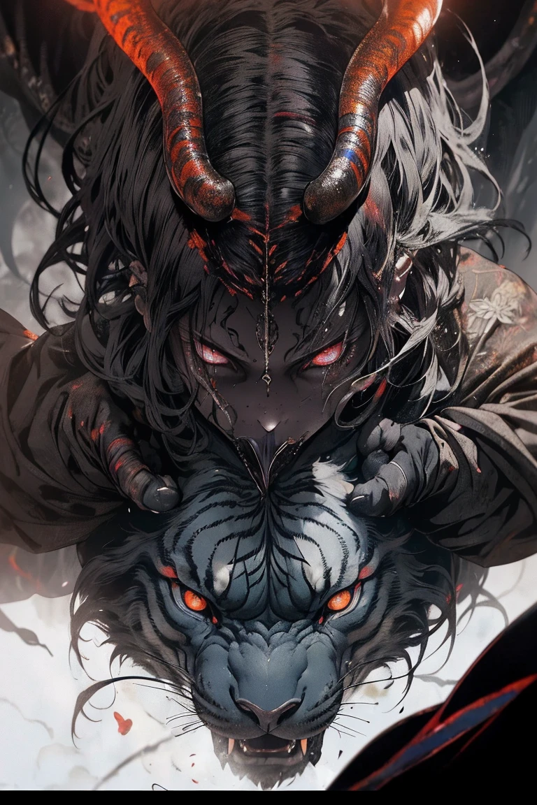7-headed silver dragon, scales, wings, long tail, horns, scary, abomination, sharp claws, many eyes, sinister, (best quality, 4k, ultra detailed, Realistic, vivid colors, bokeh), (monstrous creature, dark atmosphere ), terrible creature, majestic horror.