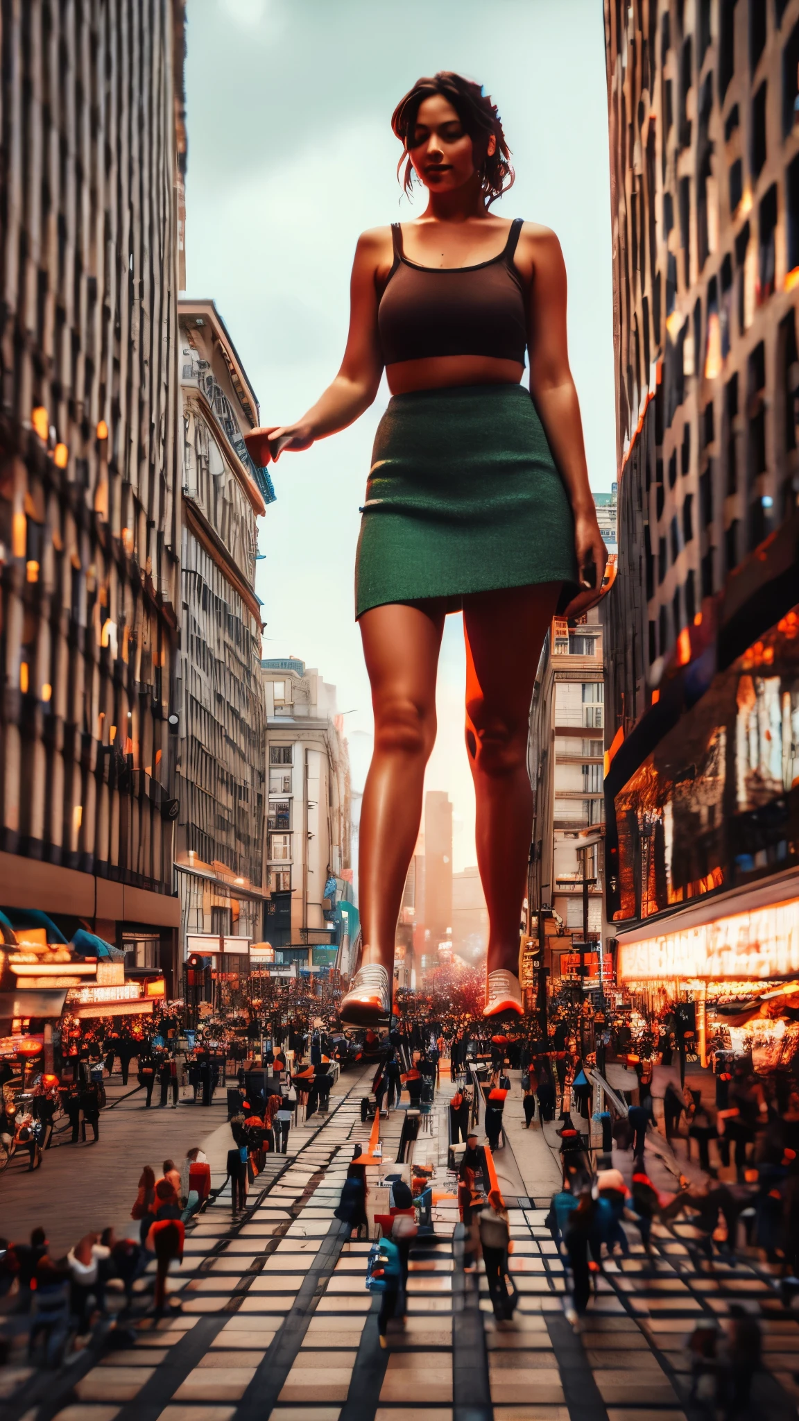 A giant woman sitting on the street playing with a cyberpunk city car, Little guys running around the giant girl, Standing on her hand, cgsociety 9, fantasy art, unreal engine render + a female spirit, whole body cgsociety, artgerm ; Surreal content, giant art, super detailed matte paintings, super detailed matte paintings, realistic fantasy art, realistic style. Beautiful girl. Big thighs."Small people standing on the roof of a tall building waving to the girl."Wearing short skirts.Jennifer Lawrence.