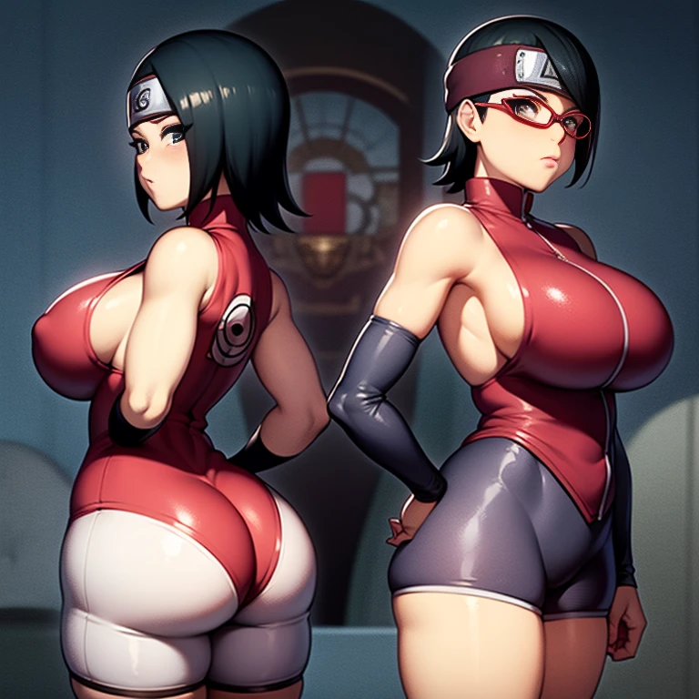 Sarada Uchiha, standing, back, tight shorts, huge and enormous ass, thick and round back cheeks, big breasts, short black hair, black eyes, forehead protector, bottom view, looking at the viewer, 