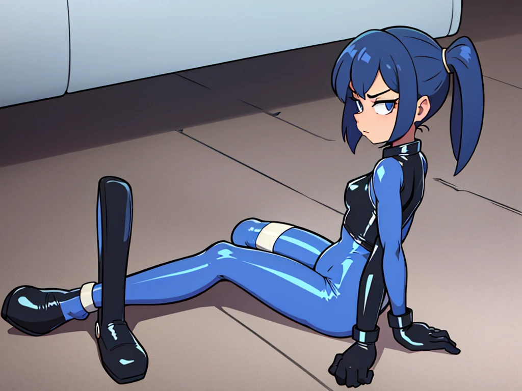 Masterpiece, perfect body, slim, A girl, sitting on the floor, looking at his leg, The expression on his face shows concern and self-care, latex suit, side view