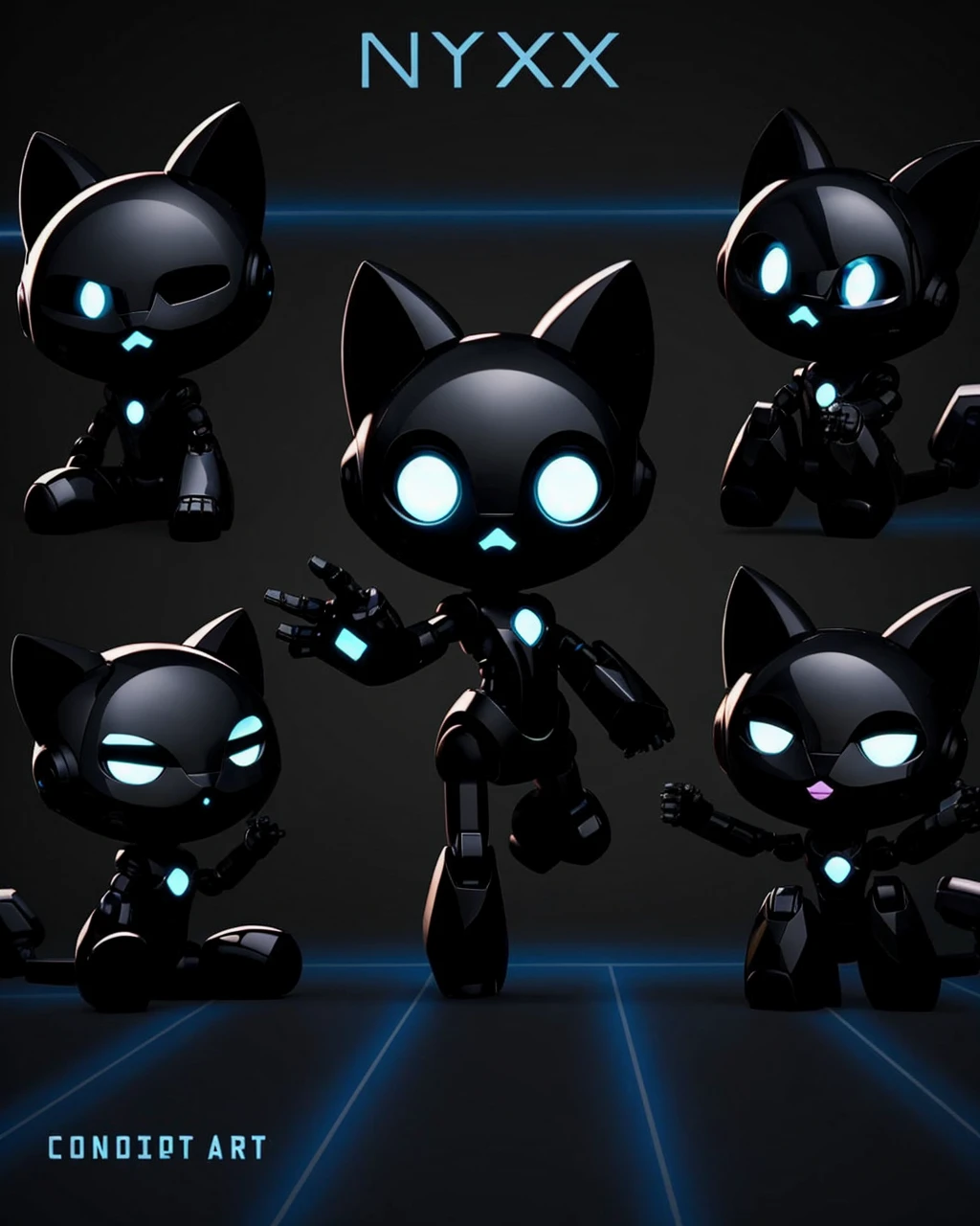 A black robotic cat looking nervous and pointing to something in the distance