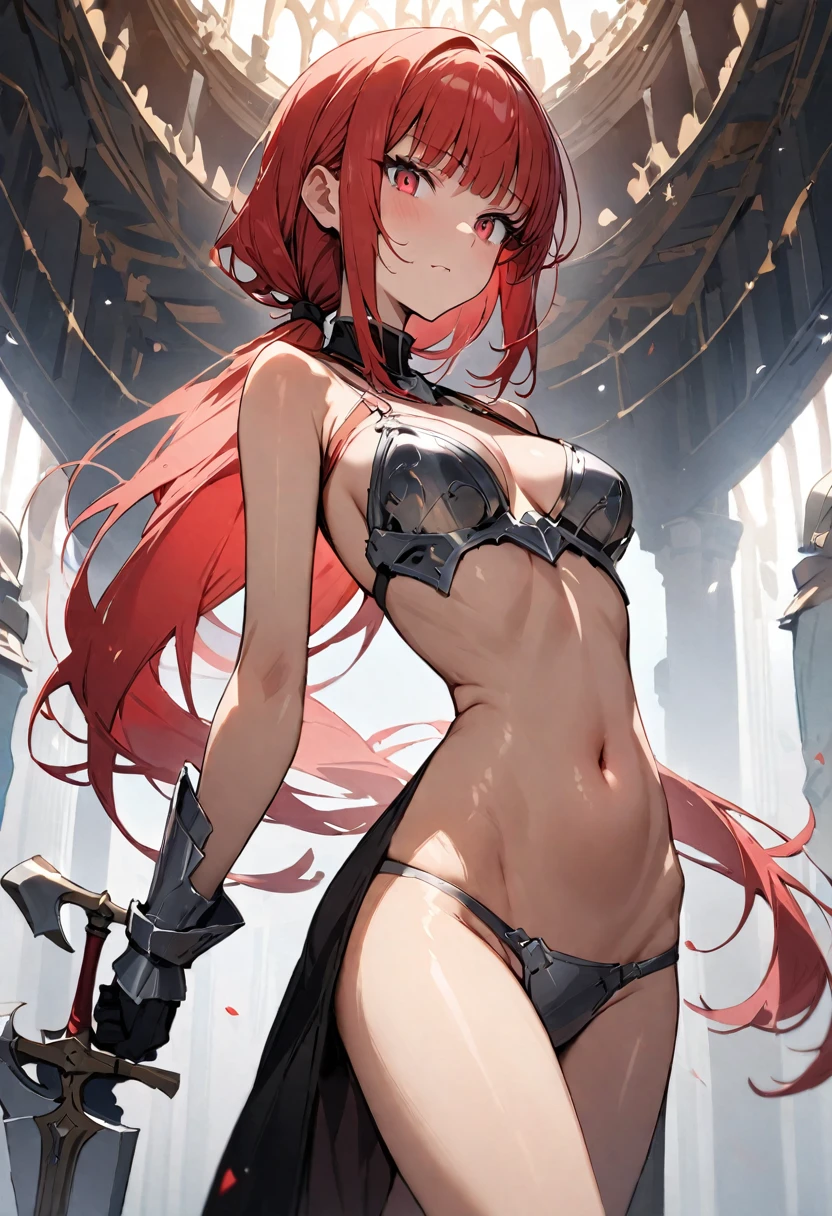 ((masterpiece,Highest quality:1.3)),cowboy shot,1woman,30 year old beauty,female knight,((very small head:1.2)),red hair,long hair,low ponytail,blunt bangs,red eyes,gorgeous eyes,Serious expression,medium breasts,((very long body:1.2)),((toned body,slender body,skinny)),gleaming skin,shiny skin,iron bikini armor、Iron Gauntlet、navel,Holding a sword、An accurate depiction of a knight's sword、standing,grassland、A Lot of Knights、Medieval Europe、