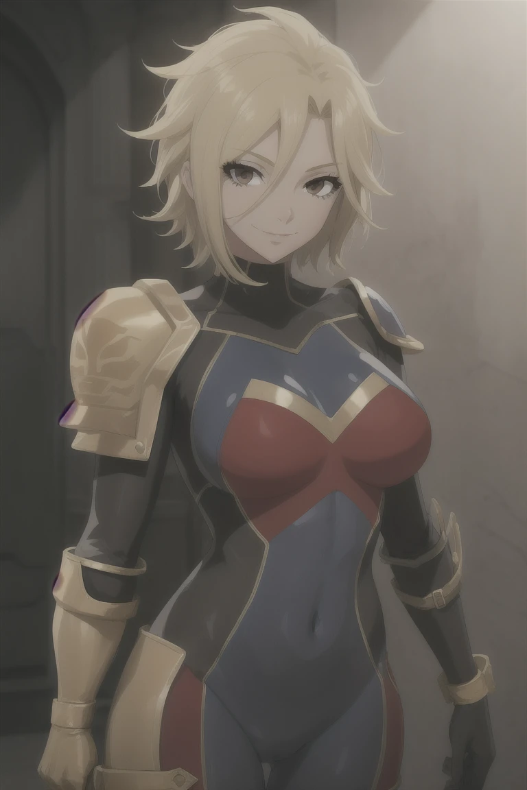 1girl, solo, dimaria, short hair, blonde hair, brown eyes, bodysuit, pauldron, shoulder pads, shoulder armor, boots, skin tight, covered navel, large breasts, light smile, close up  