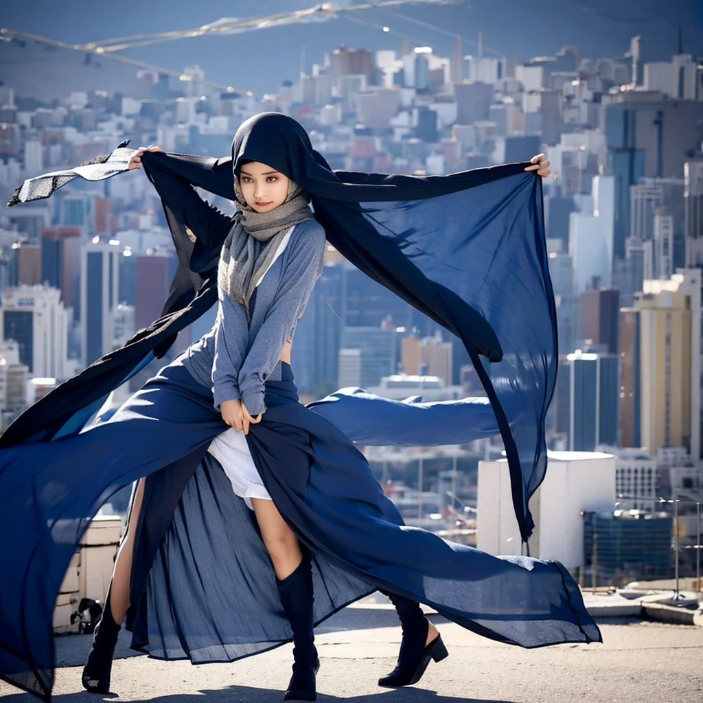girl with pashmina hijab, dress open to the arms, long skirt open to the thighs