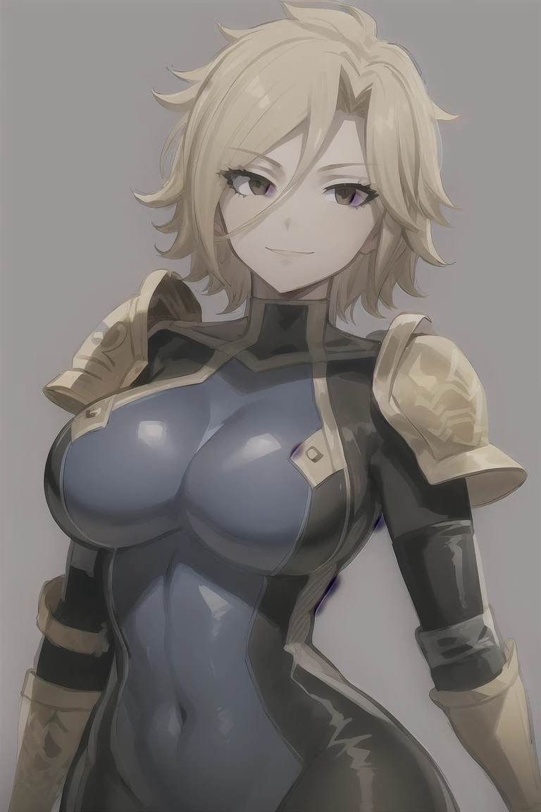 masterpiece, best quality, dimaria, 1girl, short hair, blonde hair, brown eyes, bodysuit, pauldron, shoulder pads, shoulder armor, boots, skin tight, covered navel, large breasts,closeup, upper body, smile, sketch, simple background 