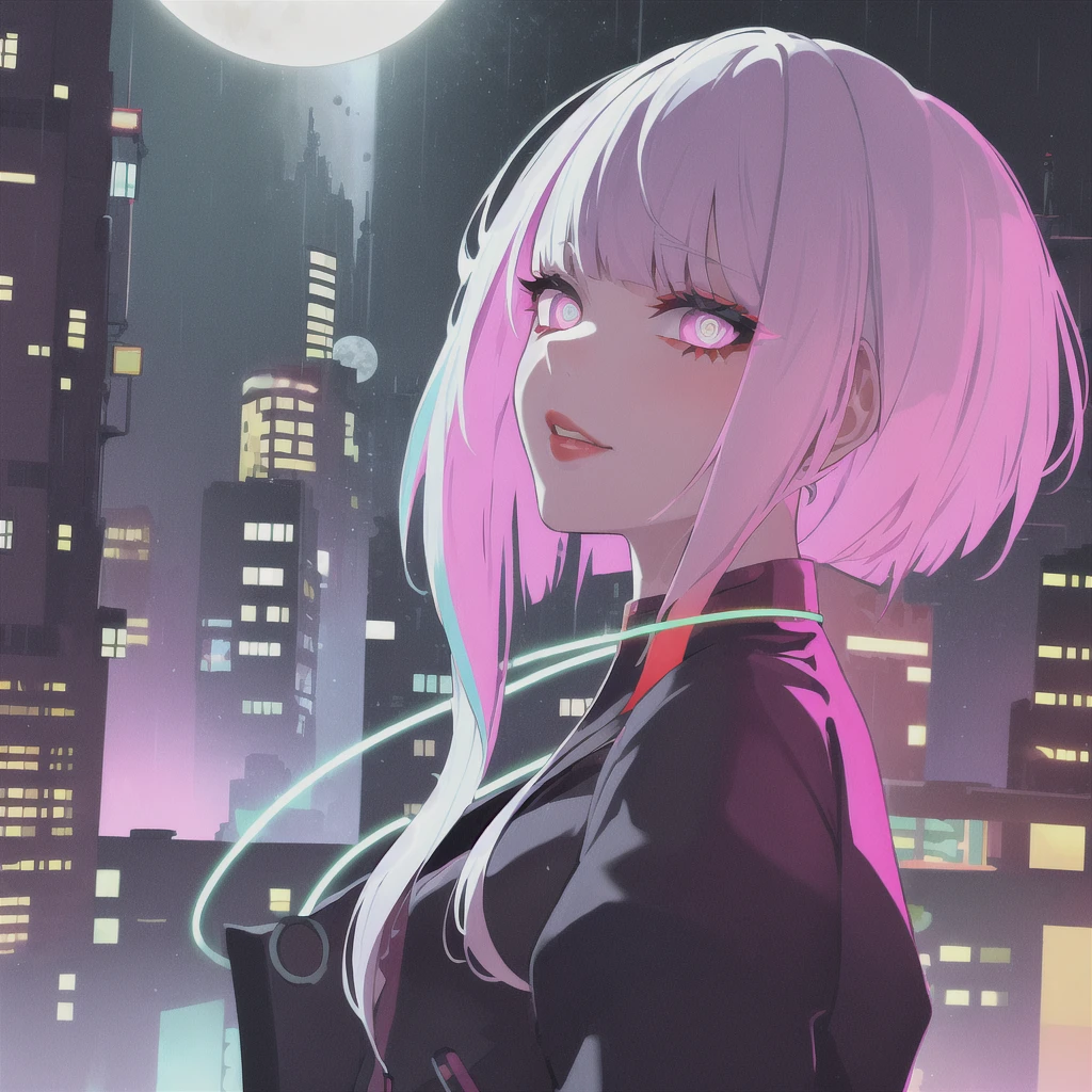 lucy \(cyberpunk\), 1girl, hair scrunchie, hime cut, silver hair, colored tips, full moon, grey eyes, jacket, long sleeves, looking at viewer, medium hair, multicolored hair, parted bangs, parted lips, pink hair, portrait, red eyeliner, red lips, solo, white jacket, cyberpunk \(series\), rainy night in a cyberpunk city with glowing neon lights
