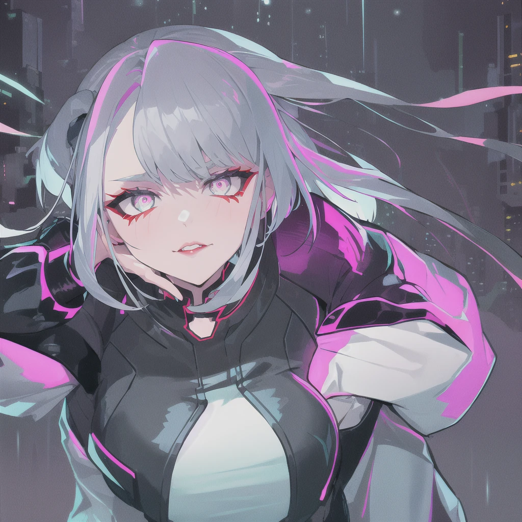 lucy \(cyberpunk\), 1girl, hair scrunchie, hime cut, silver hair, colored tips, full moon, grey eyes, jacket, long sleeves, looking at viewer, medium hair, multicolored hair, parted bangs, parted lips, pink hair, portrait, red eyeliner, red lips, solo, white jacket, cyberpunk \(series\), rainy night in a cyberpunk city with glowing neon lights