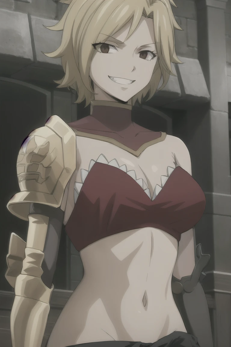 masterpiece, absurdres , (intricate details), (colorful),cinematic lighting,bust shot,extremely detailed CG unity 8k wallpaper, dimariayesta, shoulder armor, midriff, bare shoulders, looking at viewer, grin,