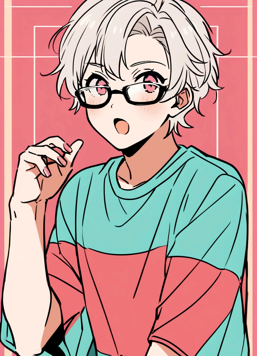 To create a prompt for an AI image generation model to generate a similar image but with a boy instead of a girl, you can use a detailed description. Here’s an example prompt you can use:

---

"Create an anime-style illustration of a age boy. The boy should have a cheerful expression with an open mouth, similar to the girl in the reference image. He should have short, light-colored hair with a darker underlayer. The boy should wear glasses with pink-tinted lenses and a casual t-shirt with red sleeves. The background should be a simple, monochromatic teal with minimal line art details. The overall color palette should be consistent with the reference image, maintaining a light, pastel aesthetic.