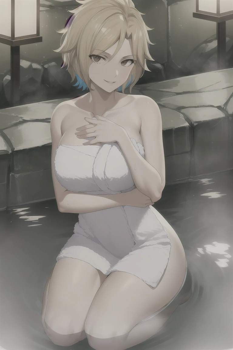 masterpiece, absurdres , (intricate details), (colorful),cinematic lighting,bust shot,extremely detailed CG unity 8k wallpaper, dimariayesta, naked, onsen, steam, (partially submerged:1.2), smile, looking at viewer, sitting, nipples, pussy
