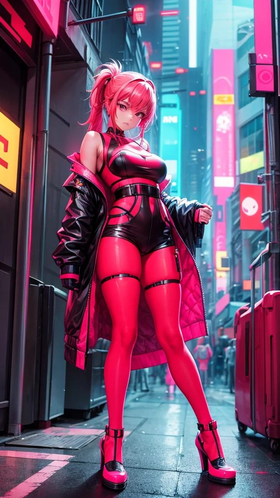 masterpiece, best quality, full body, 1girl, looking at viewer, Confident girl with sassy expression, Harajuku-inspired pop outfit, bold colors and patterns, eye-catching accessories, trendy and innovative hairstyle, vibrant makeup, futuristic and dazzling cyberpunk cityscape, skyscrapers, neon signs, LED lights, bright and vivid color scheme, anime, illustration, detailed skin texture, detailed cloth texture, beautiful detailed face, intricate details, ultra detailed.