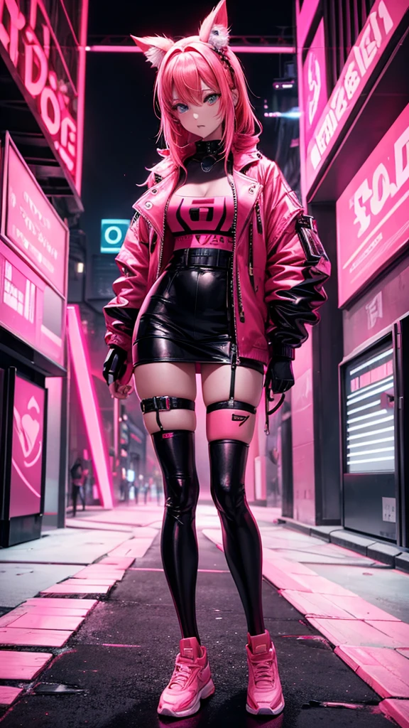 A woman in neon red and neon pink cyberpunk outfit full body