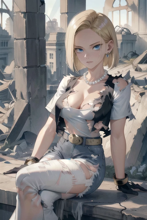 best quality, highres, and18, 1girl, android 18, solo, blonde hair, blue eyes, belt, jeans, pearl_necklace, bracelet, black gloves, white shirt, short hair, short sleeves, earrings, blue pants, open vest, black vest, large breasts, (ruins:1.3), (torn clothes:1.5), sitting, expressionless, crossed legs,