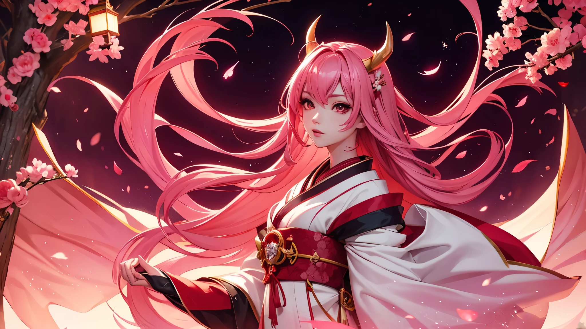 Serafina1, League of Legends, pink hair, They, daemon, red daemon horns, blood moon, white traditional japanese kimono, Red Makeup, red background, sakura flowers, Japanese Athlete, Luminous effects, long hair, split