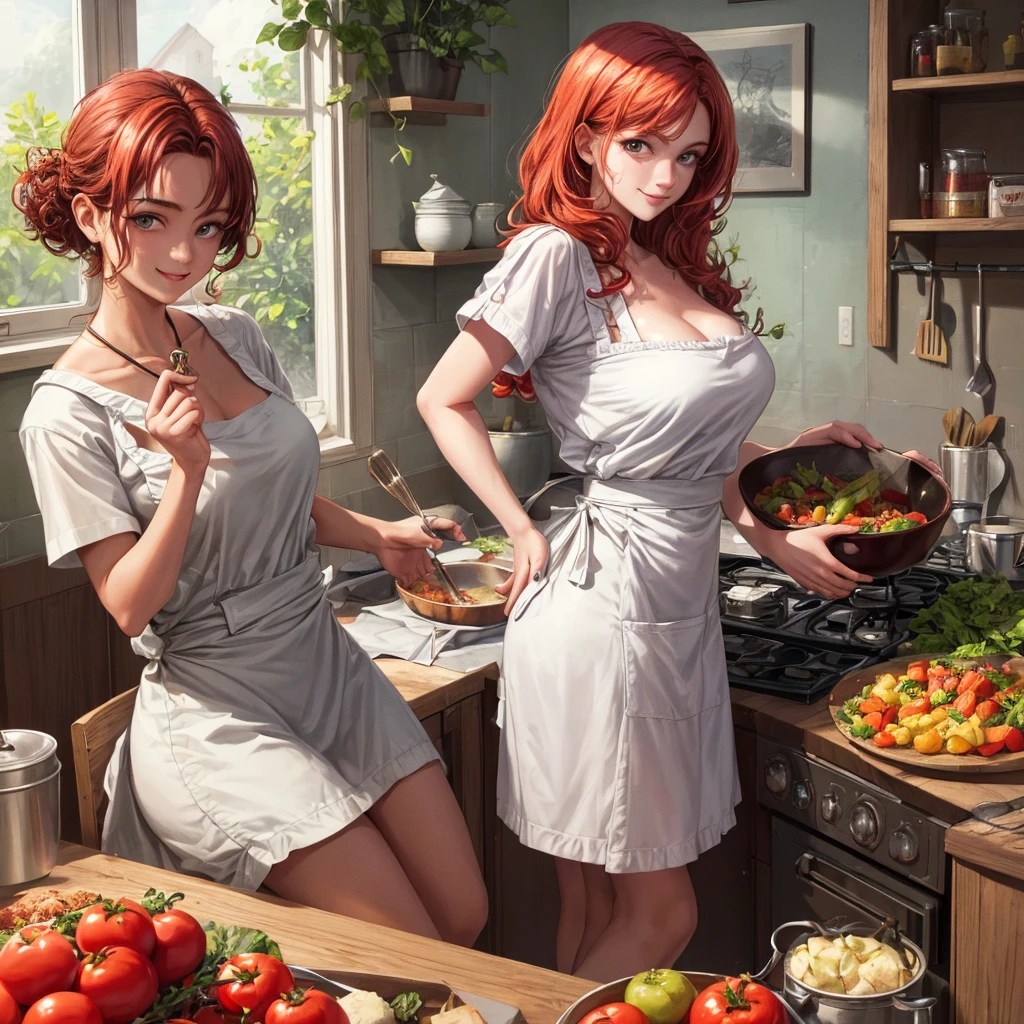 (masterpiece, Best quality, A high resolution, A high resolution:1.2), extremely detailed, realistic, complex parts, portrait at the table, Shot at eye level, Naomi, beautiful 27 year old European, European with natural breasts, in a white T-shirt , green apron apron , curly red hair, in cooking, cooking in the kitchen , From Side, smiling. Holding a large can of tomatoes in his hands. pickles tomatoes