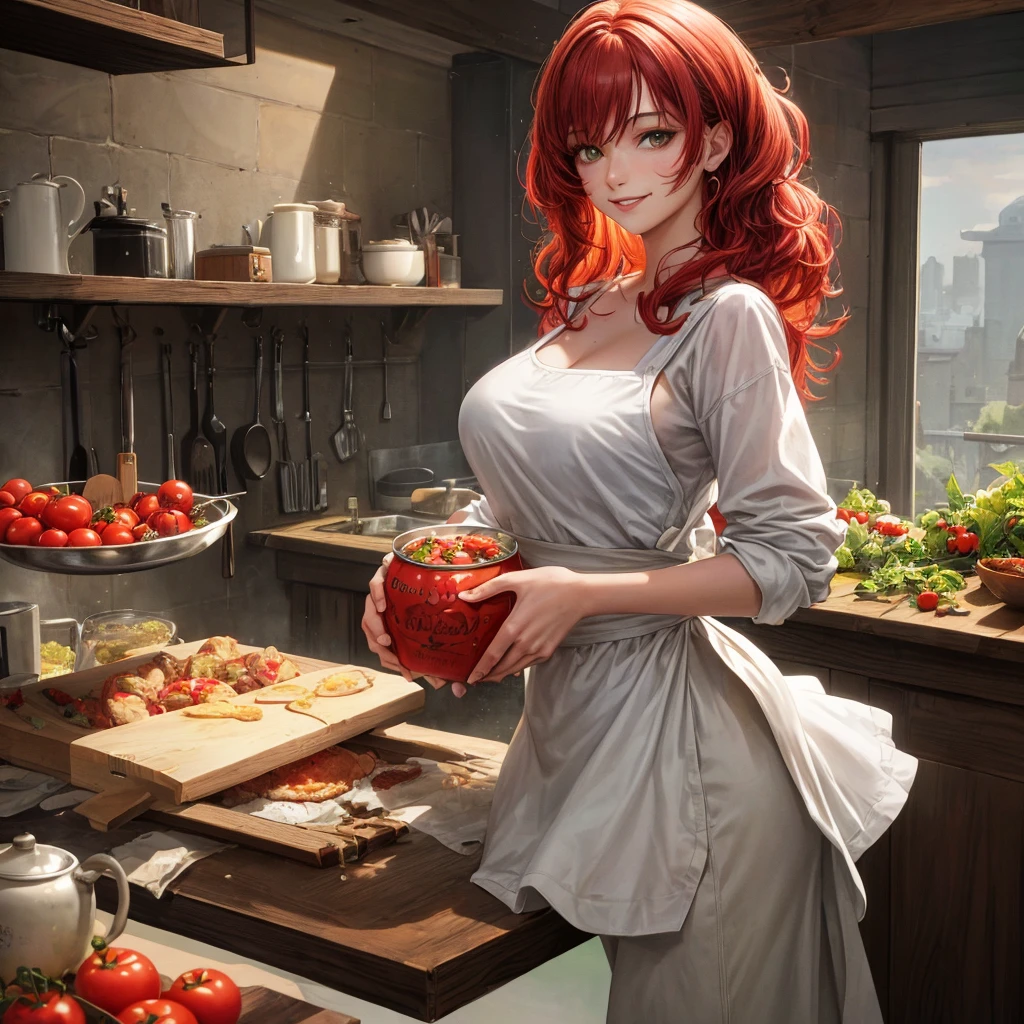 (masterpiece, Best quality, A high resolution, A high resolution:1.2), extremely detailed, realistic, complex parts, portrait at the table, Shot at eye level, Naomi, beautiful 27 year old European, European with natural breasts, in a white T-shirt , green apron apron , curly red hair, in cooking, cooking in the kitchen , From Side, smiling. Holding a large can of tomatoes in his hands. pickles tomatoes