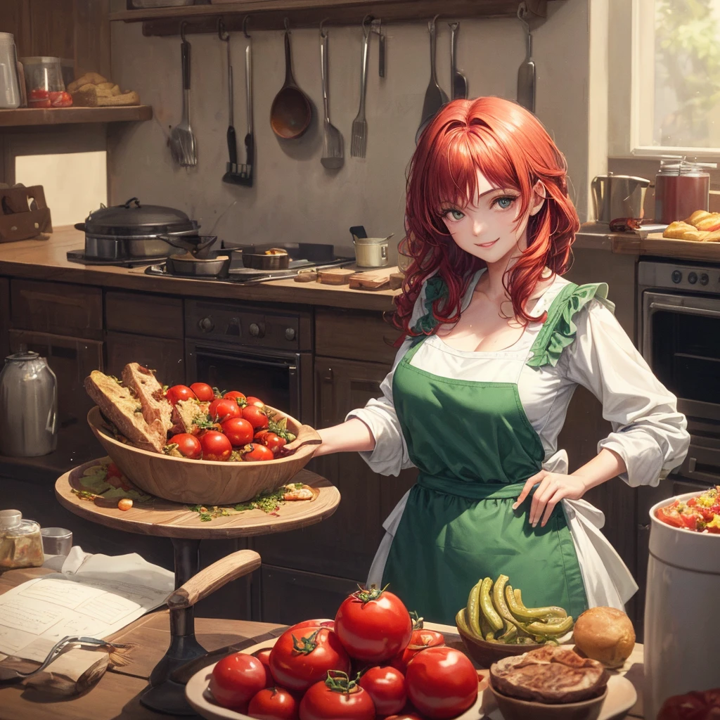 (masterpiece, Best quality, A high resolution, A high resolution:1.2), extremely detailed, realistic, complex parts, portrait at the table, Shot at eye level, Naomi, beautiful 27 year old European, European with natural breasts, in a white T-shirt , green apron apron , curly red hair, in cooking, cooking in the kitchen , From Side, smiling. Holding a large can of tomatoes in his hands. pickles tomatoes