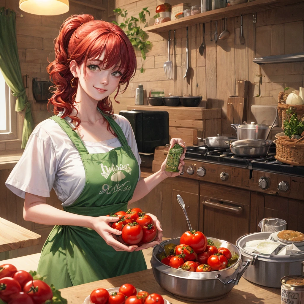 (masterpiece, Best quality, A high resolution, A high resolution:1.2), extremely detailed, realistic, complex parts, portrait at the table, Shot at eye level, Naomi, beautiful 27 year old European, European with natural breasts, in a white T-shirt , green apron apron , curly red hair, in cooking, cooking in the kitchen , From Side, smiling. Holding a large can of tomatoes in his hands. pickles tomatoes